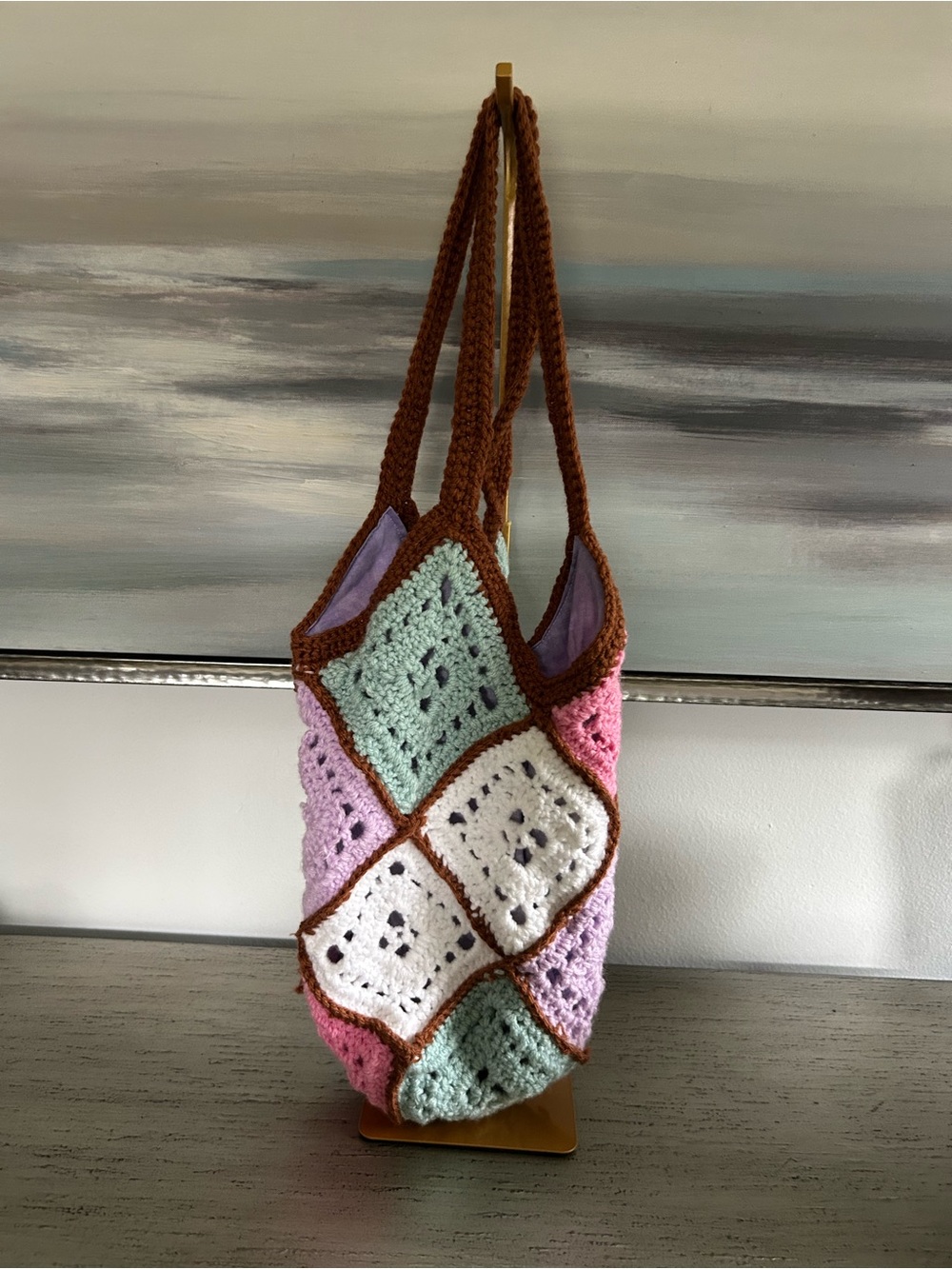 Handmade Crochet Patchwork Hobo Bag in Pastel Multicolor